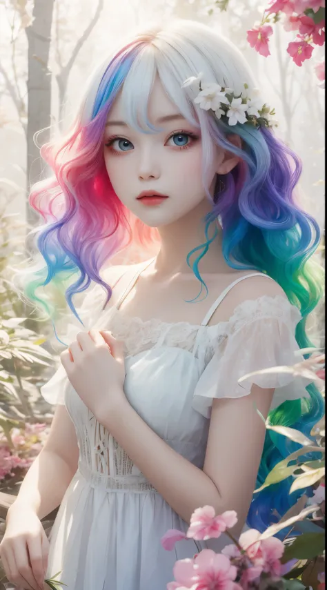 a girl,rainbow colored hair,Romanticized nature,curls,A dreamlike realm,light white and light red,Very good atmosphere