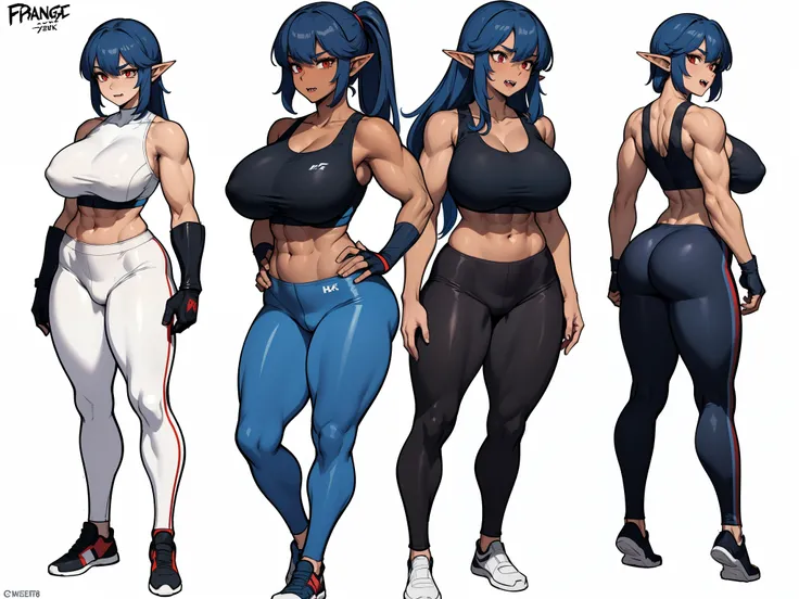 Dark elf woman, dark skin, red eyes, blue hair, fangs, huge breasts, long muscular shapely legs, combat gloves, tight sports bra, tight lycra pants, 8k, hd, masterpiece, white background, full body, character design sketch in various perspectives, rear, fr...