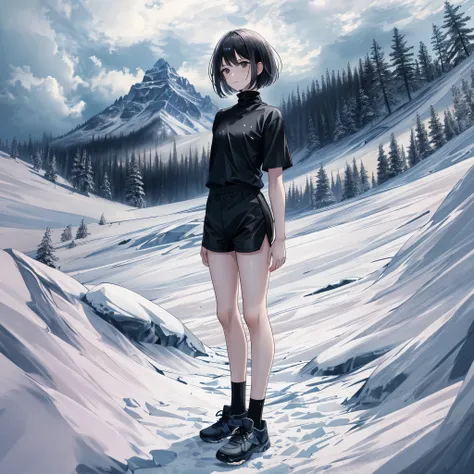 masterpiece, high quality, highres, outside, 1girl, solo, slim, black hair, bobcut, bangs, black eyes, closed mouth, monochromatic clothing theme color, black shirt, short sleeves, turtleneck, black sweat shorts, black socks, black shoes, from front, stand...