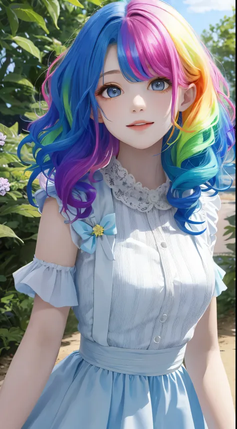 a girl，rainbow colored hair，Romanticized nature，curls，dream