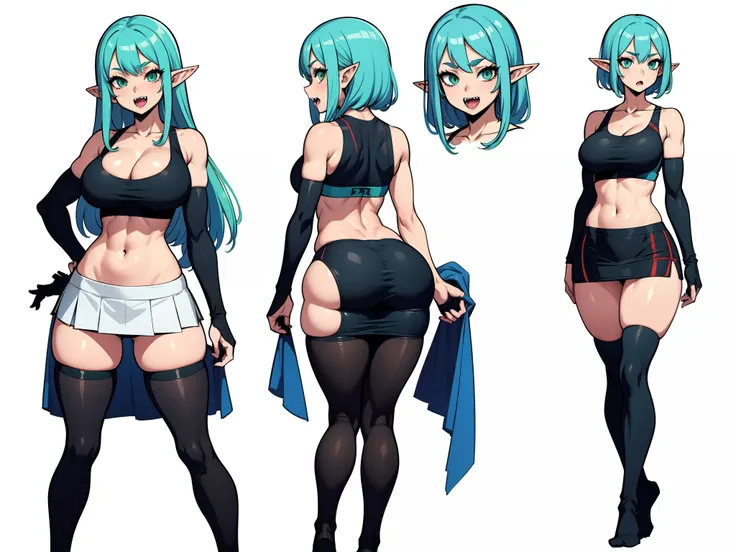 Elf woman, light skin, green eyes, long blue hair, fangs, medium breasts, long shapely legs, combat gloves, tight sports bra, mini skirt, high stockings, 8k, hd, masterpiece, white background, full body, character design sketch in various perspectives, rea...