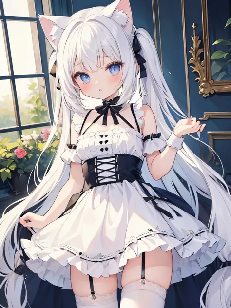 masterpiece, {{{{Highest quality}}}}, beautiful,1 girl, White_hair, cat ears(White), cat tail(White), frilled choker、miniskirt_dress, bare_shoulders, garter belt,garter straps
