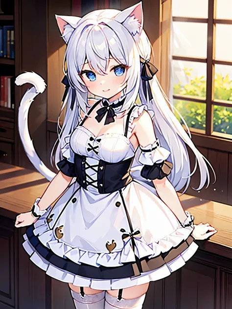 masterpiece, {{{{Highest quality}}}}, beautiful,1 girl, White_hair, cat ears(White), cat tail(White), frilled choker、miniskirt_dress, bare_shoulders, garter belt,garter straps