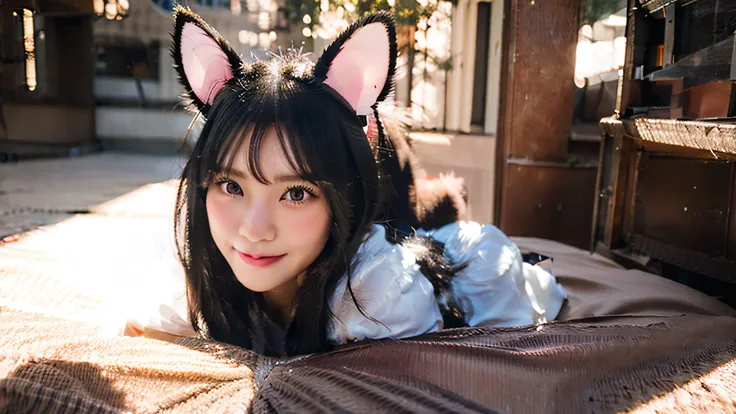 black hair, hair bobbles, wince, longeyelashes, solid circle eyes, fake animal ears, light smile, ear blush, fang, best quality ...