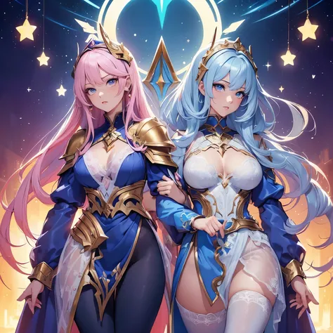 ((masterpiece, highest quality)), (detailed face), (character design sheet)，((full body esbian)), ((perfect proportions))，((Full of details)), ((Multiple poses and expressions)), (very detailed), ((beautiful paladin girl))，((fascinating))，blue pink gradati...