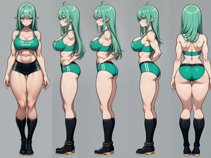 Adult goblin woman, light green skin, turquoise blue hair, long shapely and muscular legs, small waist, huge breasts, tight shorts, high stockings, tank top, black bra, boots, 8k, hd, masterpiece, full body, white background, character sketch in various pe...