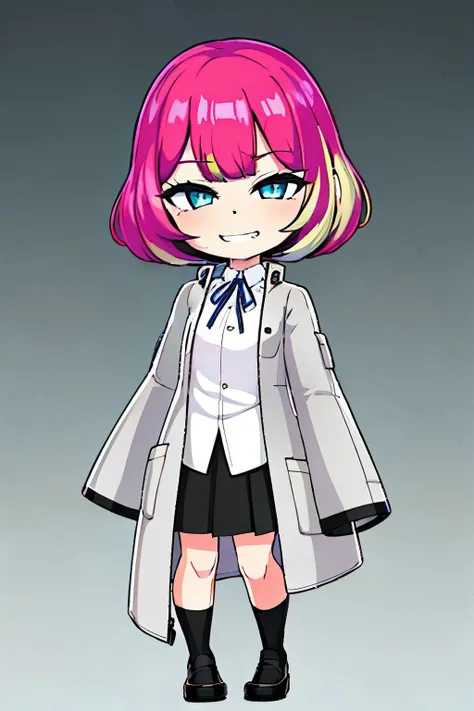 (best quality)++, (masterpiece)++, (ultra detailed)++, 1girl, solo, (chibi), (full body:1.2), looking at viewer,
half-closed eyes, (evil grin:1.2), (hand on chin:1.2),
MGCM avarin,
short hair, two-tone hair, pink hair, green hair, blue eyes,
white shirt, b...