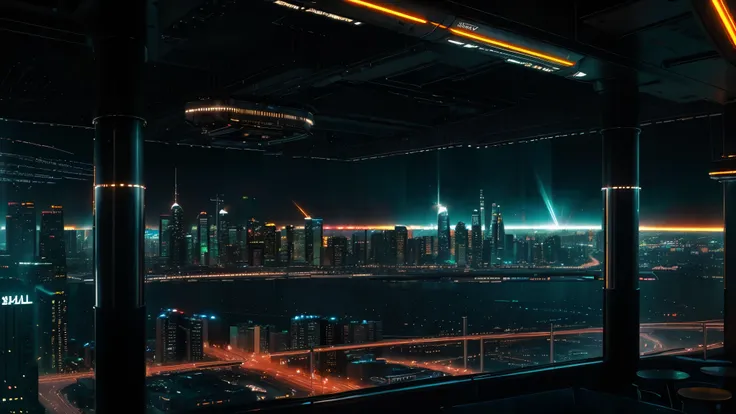 Urban landscape photograph of ( A futuristic space station, with gleaming metal halls and neon-lit cafes) ultra-realistic, by thomas cole, cinematic, atmospheric, composition, cityscape, sense of wonder, 8k