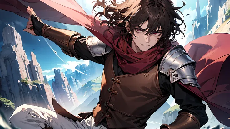 (((Top quality, 8k, masterpiece))) Anime style, young evil male, short black curly hair with half bangs, wild wavy hair, white pants, dark red blouse underneath a brown leather vest, armored wrists, brown boots with armor, blue scarf, blue scarf, wider fac...