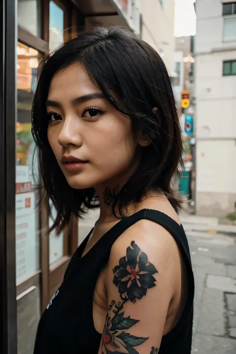 asian woman half face tattooed