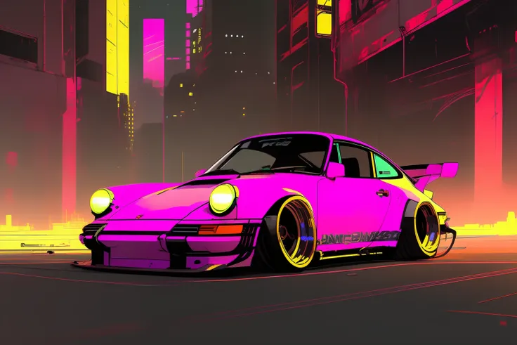 nvinkpunk, painting of gautam city with a neon colored porsche 911 rwb rotting,wide bodykit, large wheels, slammed, air ride, hi...