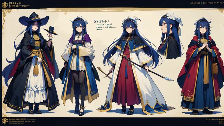 character design sheet, medieval tall female witch fine detail cloak, slim clothes, blue hair, white eyes, gold accessories, big witch hat