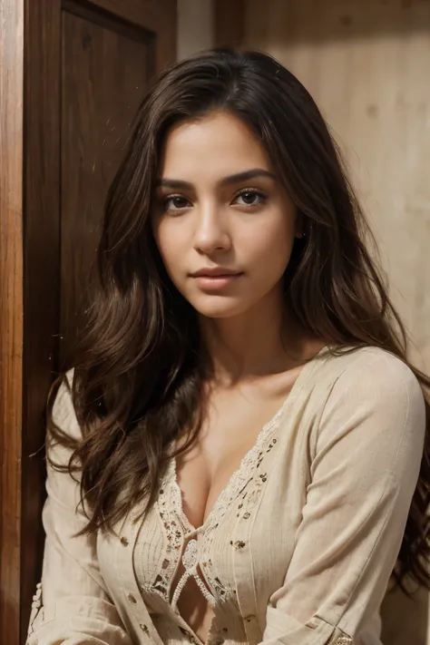 Realistic portrait photograph of a stunning Arab woman with dark brown, wavy hair, no makeup, radiating natural beauty. She dons casual, influencer-inspired outfits, perfect for Instagram. With an engaging expression, her captivating hazel eyes connect wit...