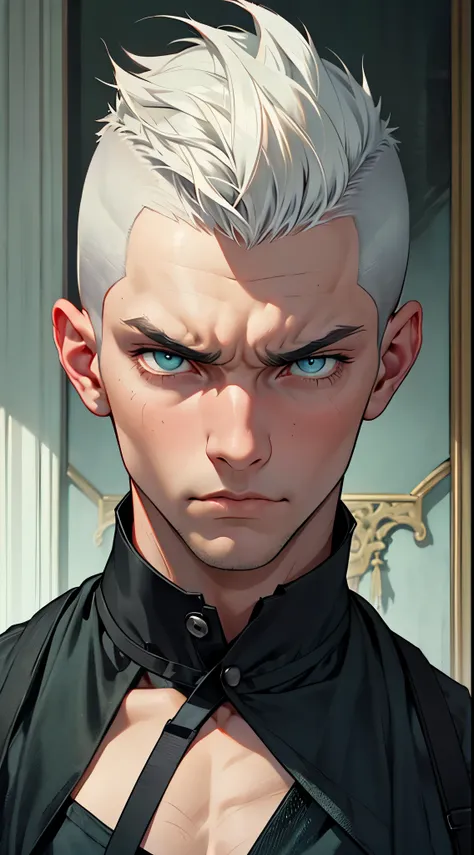 Handsome male, He has white hair, short hair, tall male with broad shoulders, muscular. His face is very masculine but he has intense eyes. pale blue eyes. very short hair, buzz cut hairstyle, black pants, black long-sleeved shirt, serious expression, glar...