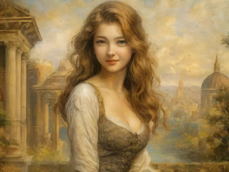 [Best quality, the masterpiece, ultra high resolution, photorealistic, in the style of pin-up, 1 girl, medium shot, smile:20]background, complex renaissance landscape, very detailed, Impressionism:0.2