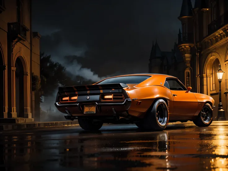 a dark orange metallic 1970 Camaro lowered with custom wheels. Editorial photoshoot , outside a castle , at night , cinematic lighting , Misty background 