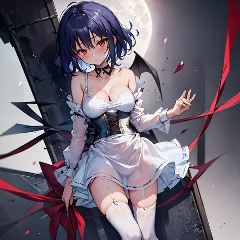 Remilia toho character, (solo:1.2), (standing on deck of mansion:1.1), a full moon, midnight, BREAK, short hair, collarbone, (very perky large breasts), (emphasize cleavage), (inconceivably thin waist:1.3), (very short thin torso:1.2), very long (thin legs...