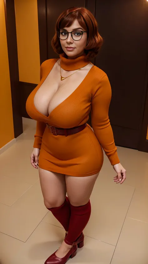 ((masterpiece, best quality, ultra-detailed, ultra-HD, photorealistic, cinematic)), (wide camera shot, full body view:1.5), (sensual pose, standing), (alluring and voluptuous female as Velma Dinkley:1.2), perfect anatomy, perfect face, proportioned hands, ...