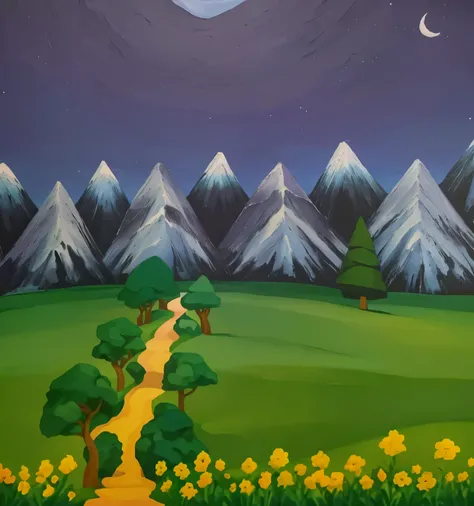 painting of a path leading to a mountain with trees and flowers, inspired by Gertrude Abercrombie, mountainscape, painting of a dreamscape, fantasy acrylic on canvas, inspired by Bob Ross, inspired by Nicholas Roerich, stary night painting, painted landsca...