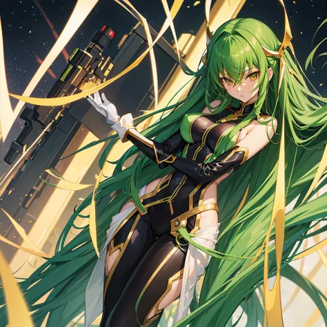 Code Geass: Lelouch of the Resurrection green hair character C.c.like a cute girl,white pilot suit,big breasts,sexy