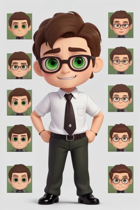 A kid 10 years old, with short hair,diamond face, brown eyes, wearing white white shirt with necktie and glasses.(Chibi, male, that is a  of Frankenstein’s monster, green eyes,Full-body figure,Pixar style, Blind box figures. Character board with multiple f...