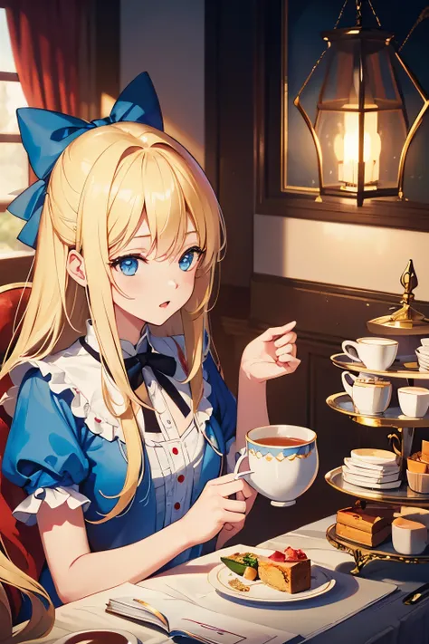 (4K image:1.3),High resolution,Super beautiful illustration,alice in wonderland,blonde,long hair,Tea party