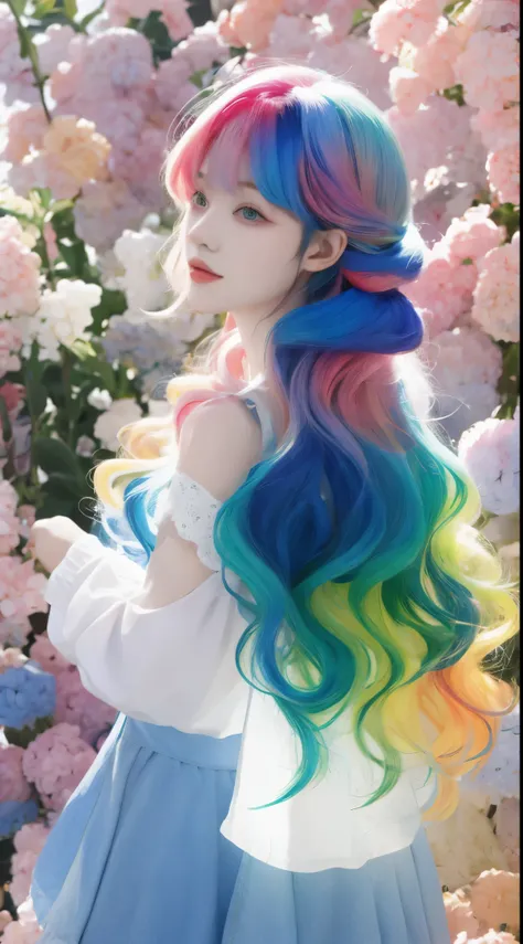 a girl，rainbow colored hair，Romanticized nature，curls，dream