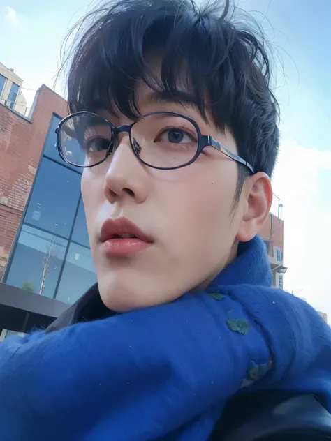 Arafed man with glasses and a blue scarf outside., foto de perfil en la cabeza, kim doyoung, cai xukun, hong junio hyung, Jinyoung Shin, foto de perfil 1024px, yanjun chengt, TaeJune Kim, hyung tae, con gafas, sakimichan, heise jinyao, pintar ulzzang, 22 y...