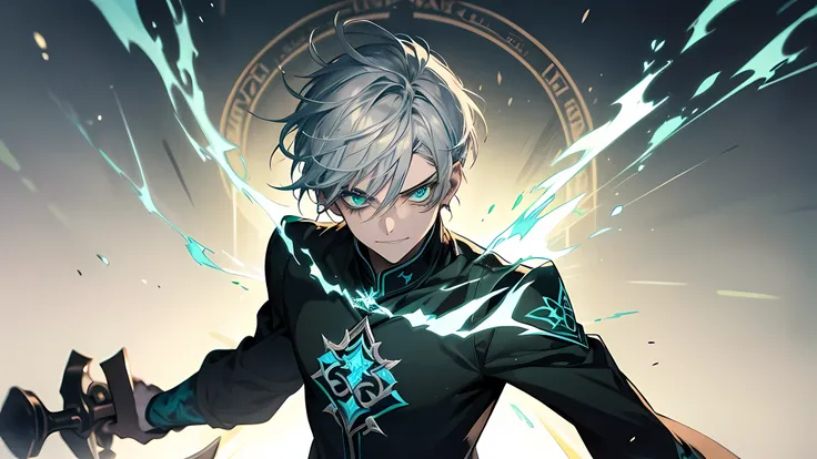 Young guy, short silver hair, Cyan eyes, The Dark Wizards Uncovered Mantle, green fire, Tatoo, Runes, combat stance, Crazy laughter, Masterpiece, hiquality, perfect eyes, perfect face, detailed face
