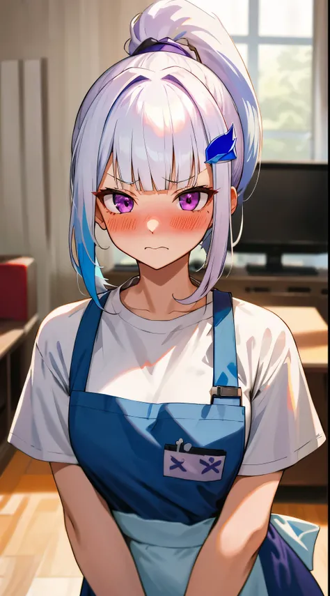 One girl with high ponytail hair, blunt bangs, white hair, blue inner hair:1.25) , purple eyes, looking at viewer, blushing, embarrassed, serious expression, indoor, living room, t shirt, thigh, apron, mid-chest, day atmosphere, hair ornament, medium breas...