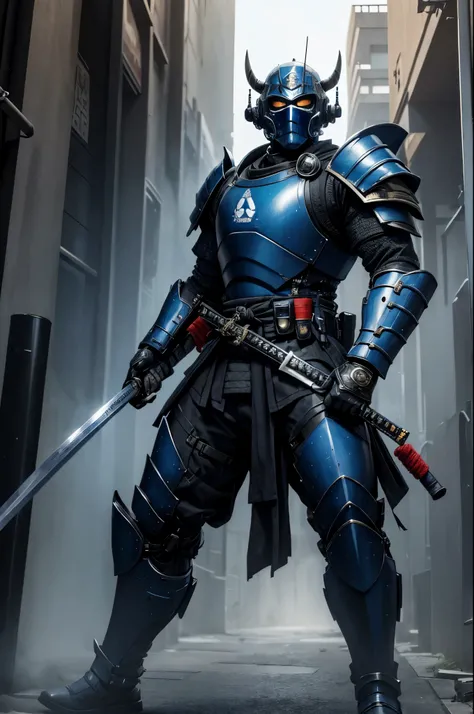 (urban samurai:1.35), (Wearing a Demon Mask), full body, (Armed with a long and large Japan sword), facing front, magnificent artwork, (Blue and black sci-fi army military cloth armor:1.5), Full Rendering, Encaustic Painting, (modern Tokyo city background)