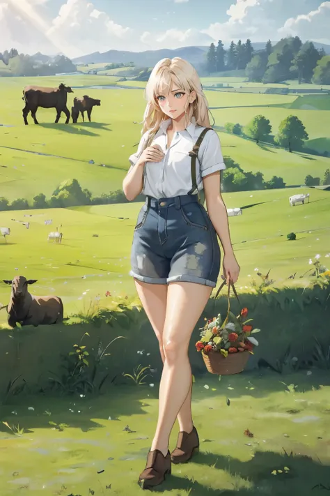 ((full body)), Immerse yourself in the rustic charm of farm life as you create a beautiful and realistic image of a Woman working in a vast field, surrounded by cows. Showcase the serene countryside ambiance, capturing the girls dedication and connection t...