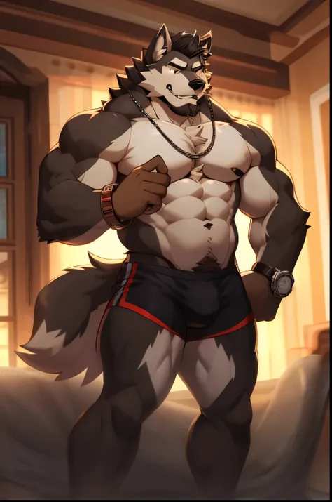 1boy, bara, bare legs, bare knees, black hair, body hair, brown hair, cuffs, dark skinned male, facial hair, jewelry, male focus, mature male, medium hair, slim, muscular, muscular male, solo, stomach, thick thighs, thigh cutout, thighs, tight, watch, wolf...