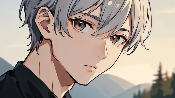 masterpiece, highest quality, , 1 boy, alone, male focus, looking at the viewer, , written boundary depth, , gray hair, brown eyes、camp、