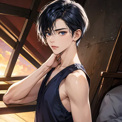 Boy, navy blue bob hair, hair over one eye, slightly dark skin tone