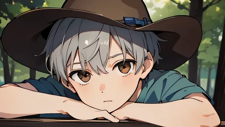 masterpiece, highest quality, , 1 boy, alone, male focus, looking at the viewer, , written boundary depth, , gray hair, brown eyes、camp、cowboy shot