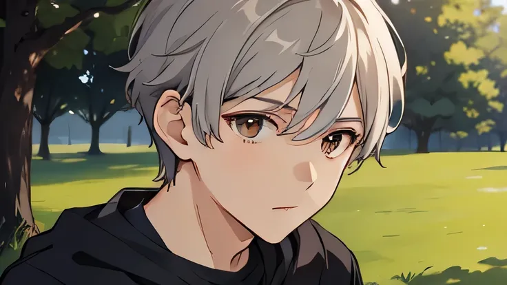 masterpiece, highest quality, , 1 boy, alone, male focus, looking at the viewer, , written boundary depth, , gray hair, brown eyes、camp、medium range shooting