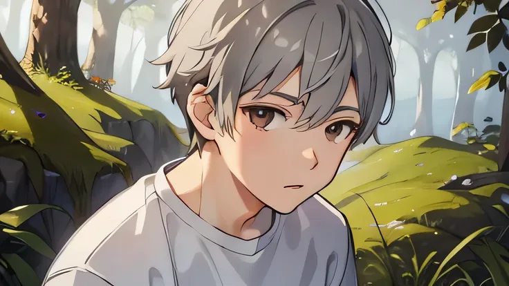 masterpiece, highest quality, , 1 boy, alone, male focus, looking at the viewer, , written boundary depth, , gray hair, brown eyes、camp、medium range shooting