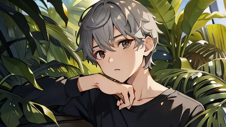 masterpiece, highest quality, , 1 boy, alone, male focus, looking at the viewer, , written boundary depth, , gray hair, brown eyes、camp、from the waist up