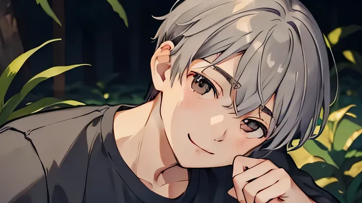 masterpiece, highest quality, , 1 boy, alone, male focus, looking at the viewer, , written boundary depth, , gray hair, brown eyes、camp、from the waist up、just a little smile