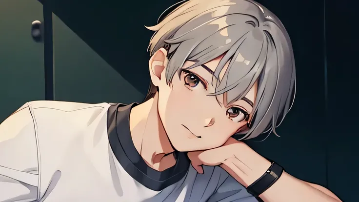 masterpiece, highest quality, , 1 boy, alone, male focus, looking at the viewer, , written boundary depth, , gray hair, brown eyes、camp、from the waist up、just a little smile