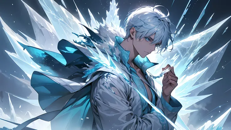 A magician, (loose dress: 1.5), (perfect facial features: 1.4), (blue silk robe), (mysterious magic formation: 1.2), ((ice dragon)), 1 young man, short white hair (ice crystal scales), blue light, (frost wings), powerful ice magic, icicles, towering into t...