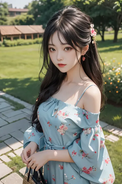 Top image quality、Raw photography、超A high Resolution、Shooting for one person only、tied hair, hair pin, wide chest、off shoulder floral print dress, Shiny hair、耳环、backyard background