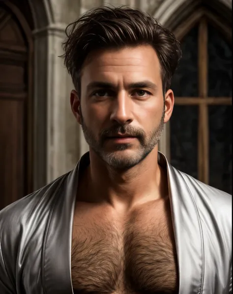 masterpiece, best quality, high resolution, closeup portrait, male focus, solo focus, A man, 45 years old, with priest uniform, priest clothes, priest father, silver grey hair, messy hairstyle, cute and seductive face, bare chest, body hair, facial hair, r...