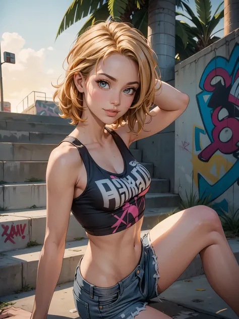 seductive 30 year old woman with short wavy blonde hair, hazel eyes, small breasts, model body, wearing a white tank top with a colorful print, hazel Bermuda shorts, posing sitting on a staircase with graffiti, upper body, concrete staircase background wit...