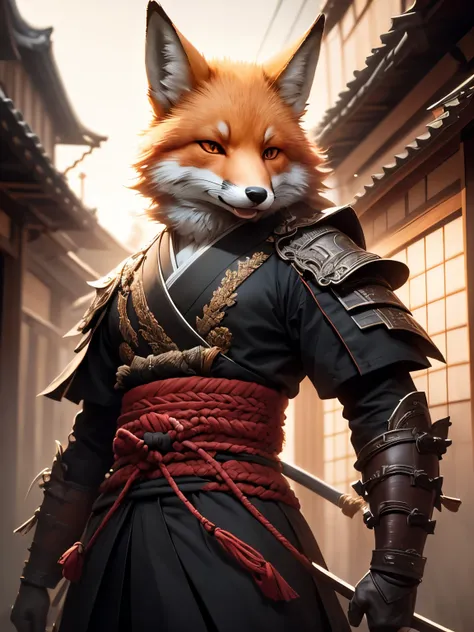 photorealistic, high resolution, 1 fox anthropomorphic, samurai, dynamic pose, background ancient kyoto, dramatic, chromatic aberration.