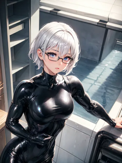 top quality 8k uhd、short hair、pieces fly、cute eyes、silver hair、glasses、logic、logic骨格系々、full body gloss、beautiful woman wearing a...