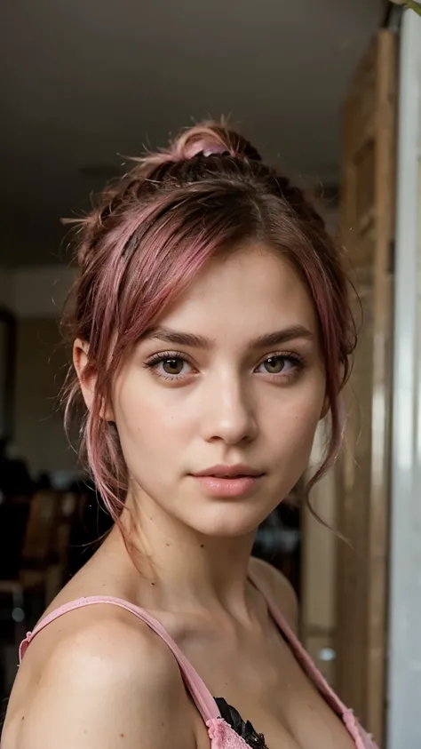 ((best quality)), ((masterpiece)), (detailed), Portrait photo of an pretty girl aged 24 with deep brown eyes and ((Pink hair)) in a ponytail