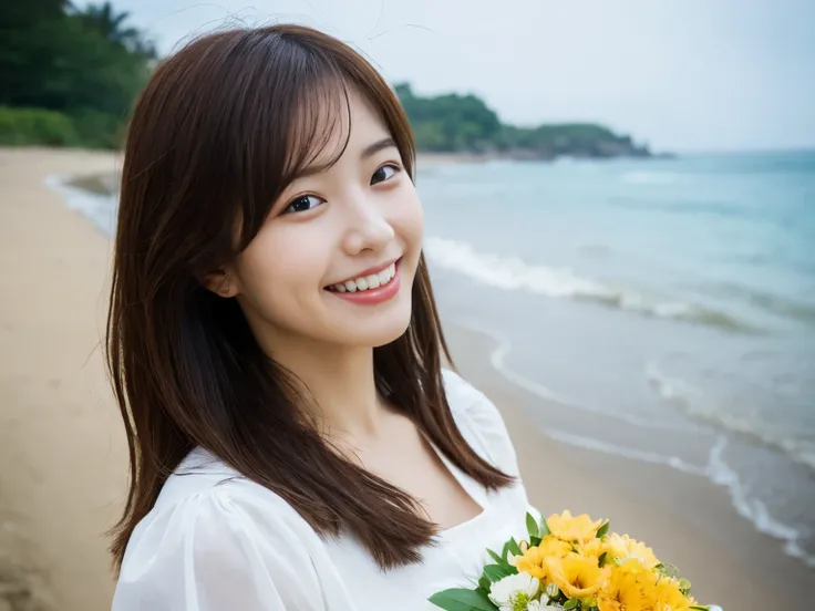 early morning light、(8K、RAW photo、highest quality、masterpiece:1.2)、High-definition RAW color photo、professional photos、(realistic、photo realistic:1.37)、cinematic light、((日本人1 female))、laughter、(holding a bouquet)、smile、Shot on the beach、((blur the backgrou...