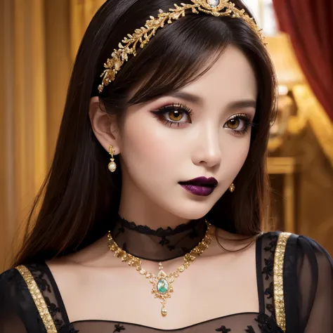 ((highest quality、table top、8K、best image quality、hyper realism、The most complex and realistic textures))、Focus on one vampire princess、((creepy and sexy makeup、eye shadow、black lips:1.2))、the most intricate and luxurious black dress、look at me and smile、P...